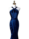 Amozae-Cyber Monday Christmas party outfits Sexy Mermaid High Neckline Navy Blue Satin Evening Dress Long Prom Dresses Party Dress With Ruffles C3231