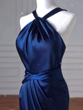 Amozae-Cyber Monday Christmas party outfits Sexy Mermaid High Neckline Navy Blue Satin Evening Dress Long Prom Dresses Party Dress With Ruffles C3231