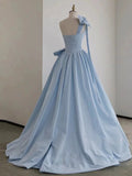 Amozae-Cyber Monday Christmas party outfits Elegant Ball Gown One Shoulder Light Sky Blue Satin Flowers Long Prom Dress Evening Dress C3232