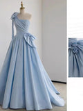 Amozae-Cyber Monday Christmas party outfits Elegant Ball Gown One Shoulder Light Sky Blue Satin Flowers Long Prom Dress Evening Dress C3232