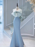 Amozae-Cyber Monday Christmas party outfits Elegant Mermaid One Shoulder Light Sky Blue Satin Bow Long Prom Dress Evening Dress C3235