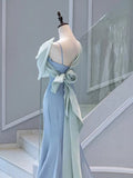 Amozae-Cyber Monday Christmas party outfits Elegant Mermaid One Shoulder Light Sky Blue Satin Bow Long Prom Dress Evening Dress C3235