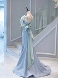 Amozae-Cyber Monday Christmas party outfits Elegant Mermaid One Shoulder Light Sky Blue Satin Bow Long Prom Dress Evening Dress C3235