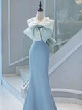 Amozae-Cyber Monday Christmas party outfits Elegant Mermaid Satin Blue Long Prom Dresses With Bow-knot Party Dress C3192