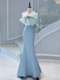 Amozae-Cyber Monday Christmas party outfits Elegant Mermaid Satin Blue Long Prom Dresses With Bow-knot Party Dress C3192