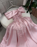 Amozae-Cyber Monday Christmas party outfits Cute A Line Off The Shoulder Pink Long Satin Beads Long Prom Dresses Party Dress C3283