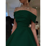 Amozae-Cyber Monday Christmas party outfits Elegant A-Line Evening Gown Elegant Dress Formal Floor Length Short Sleeve Illusion Neck Satin with Ruched Beading Prom Dress C3284