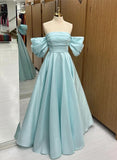 Amozae-Cyber Monday Christmas party outfits Simple Satin Off Shoulder Long Party Dress A-line Prom Dress C3287