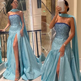 Amozae-Cyber Monday Christmas party outfits Sexy Mermaid Strapless Blue Prom Dress With Beads Long Satin Prom Dresses Party Dress C3292