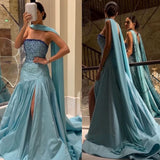 Amozae-Cyber Monday Christmas party outfits Sexy Mermaid Strapless Blue Prom Dress With Beads Long Satin Prom Dresses Party Dress C3292