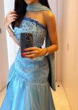 Amozae-Cyber Monday Christmas party outfits Sexy Mermaid Strapless Blue Prom Dress With Beads Long Satin Prom Dresses Party Dress C3292