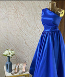 Amozae-Cyber Monday Christmas party outfits Classy A Line One Shoulder Royal Blue Pleated Party Dress Prom Dresses Evening Dress C3298