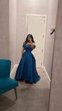 Amozae-Cyber Monday Christmas party outfits Sexy A line Off The Shoulder Blue Prom Dress With Pleated Long Satin Prom Dresses Party Dress C3302