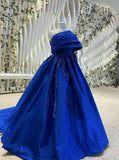 Amozae-Cyber Monday Christmas party outfits Sexy Ball Gown Strapless Royal Blue Prom Dress With Pleated Long Satin Prom Dresses Party Dress C3303