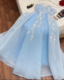 Amozae-Cyber Monday Christmas party outfits Sexy A line Strapless Light Sky Blue Organza Prom Dress With Appliques Long Prom Dresses Party Dress C3312