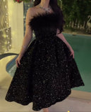 Amozae-Cyber Monday Christmas party outfits Sexy Ball Gown Strapless Black Sequin Prom Dress Long Prom Dresses Party Dress With Feather C3315