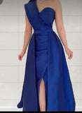 Amozae-Cyber Monday Christmas party outfits Classy A line One Shoulder Royal Blue Satin Long Party Dress Prom Dresses Evening Dress C3319