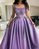 Amozae-Cyber Monday Christmas party outfits Classy A Line Spaghetti Straps Lilac Satin Long Party Dress Prom Dresses Evening Dress C3328