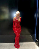 Amozae-Cyber Monday Christmas party outfits Sexy Mermaid Halter Red Sequin Long Prom Dress With Gloves C949