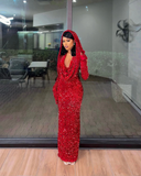 Amozae-Cyber Monday Christmas party outfits Sexy Mermaid Halter Red Sequin Long Prom Dress With Gloves C949