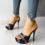Amozae Women's Peep Toe Plaid Slip-on Stilettos Thin Heels