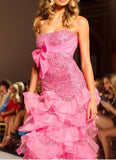 Amozae-nye outfits back to school dress  Pink Bow Ruffles Strapless Maxi Dress