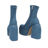 Amozae-back to school outfits Denim Chunky Boots