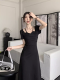 Amozae-dress to impress party dress nye outfits Black Short Sleeves Dress  YM1529