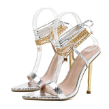 Women's Sandals High Heels 12CM New Chain Ankle Strap Gold White Pointed Toe Female Party Shoes Sandalias de mujer Size 35-42