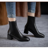 Amozae-2024 New Autumn Women Leather Ankle Boots Fashion Female Mid Thick Heels Elegant Lady White Black Apricot Square Toe Zip Shoes