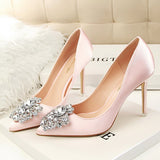 Amozae-2024 Woman 10cm High Heels Rhinestone Silk Crystal Pumps Lady Satin Crystal Scarpin Wedding Bridal Elegant Plus Size Pink Shoes