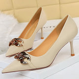 Amozae-2024 New Autumn Elegant Women Metal Apricot Leather Pumps Black Pointed Toe Pumps Thin High Heels Pumps Ladies Valentine Shoes