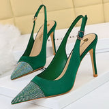 Amozae-2024 Women Crystal 9.5cm High Heels Sandals Wedding Green Stripper Cap Toe Stiletto Heels Slingback Sandles Satin Silk Red Shoes