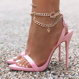 High Quality Pink Patent Leather Summer Women's Shoes Sandals Fashion Open Toe Metal Chain Ankle Strap Sexy Stiletto Heels Ladie