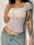 Amozae Pink Lacework Square Collar Tshirt Sweet Cute Aesthetic Patchwork Bow Crop Tops Short Sleeve Tee Shirts 2000s Elegant