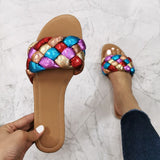 Amozae-2024 Summer Women's Sandals Shoes Flat Woman Slides Outdoor Beach Party Shoes Color Weave Female Slippers Large Size 37-41