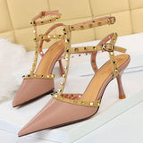 Amozae-2024 Women 7.5cm High Heels Rivets Studded Sandals Fetish Sandles Valentine Gladiator Stripper Summer Plus Size Low Heels Shoes