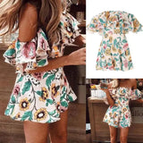 Amozae-Womens Summer Off Shoulder Ruffle Romper Short Suspenders Jumpsuits Overall Lady Floral Printed Playsuit Beach Short Jumpsuits
