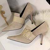 Amozae-2024 Women 9.5cm High Heels Pumps Pointed Toe Stiletto Gray Buckle Elegant Lady Fetish Escarpins Slip On Prom Office Flock Shoes