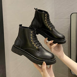 Amozae-2024 Spring Autumn Martn Boots Female Student Black Short Boots Female British Boots Wild Retro Artificial Leather Boots