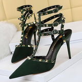 Amozae-2024 Summer Women 9cm High Heels Rivets Sandals Designer Suede Green Blue Stiletto Heels Gladiator Sandals Lady Studded Shoes