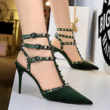 Amozae-2024 Summer Women 9cm High Heels Rivets Sandals Designer Suede Green Blue Stiletto Heels Gladiator Sandals Lady Studded Shoes