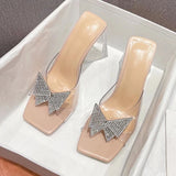 Amozae-Fashion Rhinestone Bowtie Buckle Slippers Women Summer PVC Transparent Jelly Sandals Crystal Perspex Heels Ladies Dress Shoes