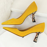 Amozae-2024 Women 7.5cm High Heels Shoes Office Yellow Snake Print Snakeskin Low Heels Scarpins Pumps Serpentine Plus Size 34-43 Shoes