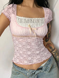 Amozae Pink Lacework Square Collar Tshirt Sweet Cute Aesthetic Patchwork Bow Crop Tops Short Sleeve Tee Shirts 2000s Elegant