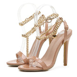 High Quality Pink Patent Leather Summer Women's Shoes Sandals Fashion Open Toe Metal Chain Ankle Strap Sexy Stiletto Heels Ladie