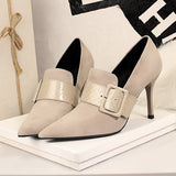 Amozae-2024 Women 9.5cm High Heels Pumps Pointed Toe Stiletto Gray Buckle Elegant Lady Fetish Escarpins Slip On Prom Office Flock Shoes