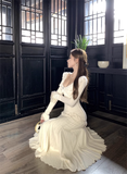 Amozae-dress to impress party dress nye outfits Off-white Round Neck Long-Sleeved Dress Lace Slim Mermaid Dress YM1815