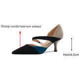 Amozae-Sheep Suede Slip-On Women Shoes Elastic Band Mixed Colors Shallow Pumps Pointed Toe Thin Heels Handmade Shoes Women Size 34-39