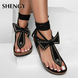 Amozae-2024 Women Summer Rivet Sandals Flats Shoes Woman Bohemia Beads Flowers Cross Lace Deco Sandalias Mujer Sapato Feminino D604